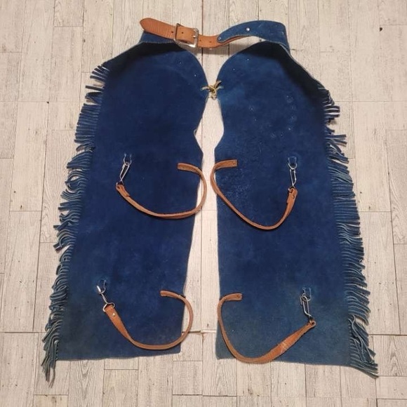 Kids Vintage 90's Western Blue Leather Fringe Concho Rodeo Cowboy Chaps Size 4T - Picture 4 of 6